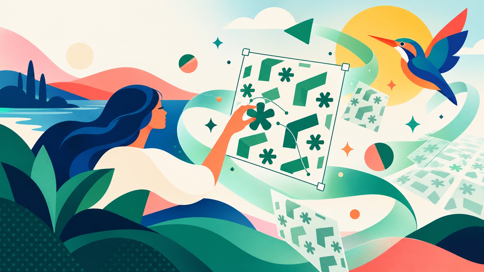 Illustration vectorielle colorée représentant une créatrice composant un motif dans Nodixio